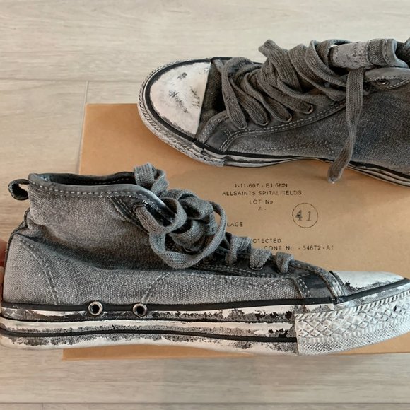 All Saints Men's Distressed Canvas High Top Graphite Sneakers - Picture 1 of 4